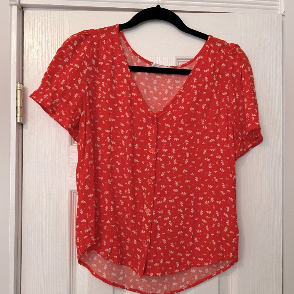Red Floral Button down shirt sleeve blouse